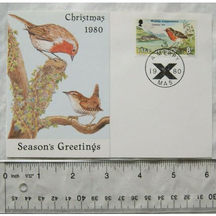 1980 Isle of Man Season's Greetings - robin & wren - with Old Manx Greeting