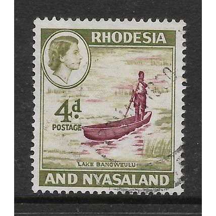 RHODESIA & NYASALAND 1959 4d LAKE BANGWEULU MAN IN CANOE SG 23 FINE USED