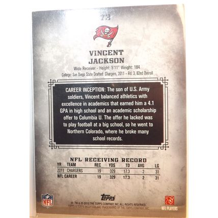 2012 Topps Inception VINCENT JACKSON (Buccaneers) blue #73 206/252