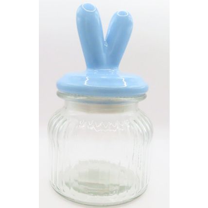 Blue Bunny Jar Wabbit Ears Fluted Glass 19 CM Gift Home Decor Storage Kitchen