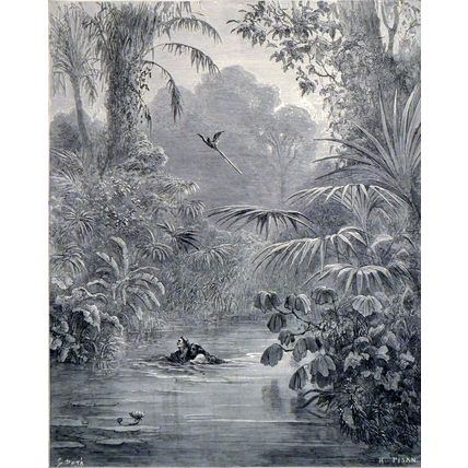 ATALA AND CHACTAS CROSSING THE RIVER 1885 Gustave Doré ANTIQUE ENGRAVING