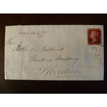 GB QV 1d Red stamp 90 cover Laurencekirk Aberdeen North of Scotland Bank FG GF