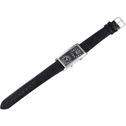 Long Black Dual Time Face Stainless Steel Back Black Leather Strap Watch