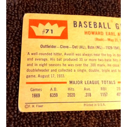 1969 Fleer # 71 Earl Averill Outfield Cleveland Insians 3.0 VG (HOF)