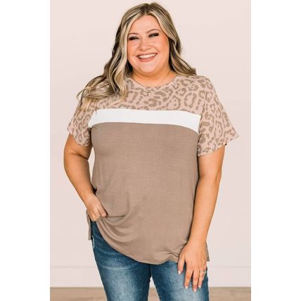 Khaki Leopard Yoke Color Block Plus Size Top