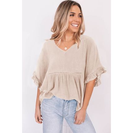 Apricot Ruffled Lace Detail Loose V Neck Top