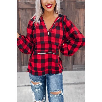 Red Buffalo Plaid Zipped Front Pocketed Hoodie