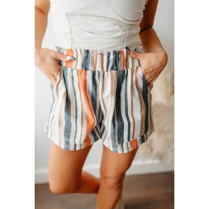 Stripe Vintage Washed Elastic Frill Waist Casual Shorts