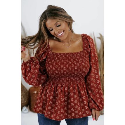 Plus Size Square Neck Printed Peplum Top