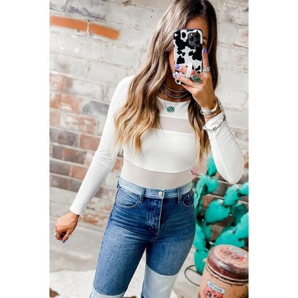 White Mesh Patchwork Long Sleeve Bodysuit