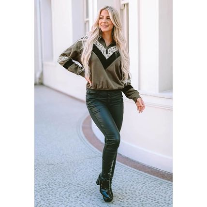 Green Leopard Contrast Splicing Quarter Zip Sweatshirt