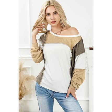 Khaki Exposed Seam Color Block Patchwork Top