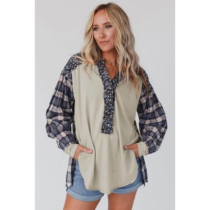 Blue Floral Plaid Mixed Print Bishop Sleeve Patchwork Top