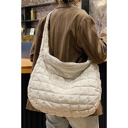 White Quilted Zipper Large Shoulder Bag