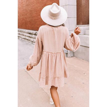 Oatmeal Crinkle Distressed Puff Sleeve Flared Dress