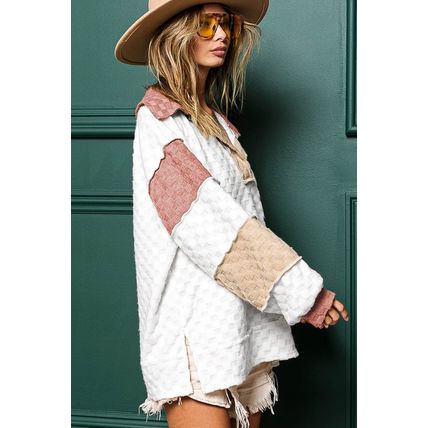 White Plaid Patchwork Exposed Seam V Neck Loose Blouse