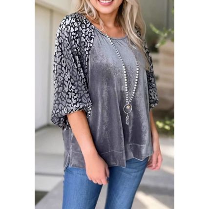 Medium Grey Leopard Splicing Lantern Sleeve Velvet Blouse