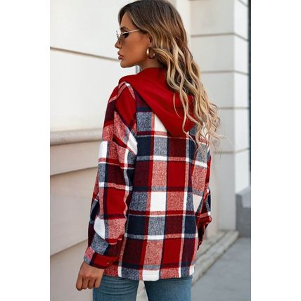 Red Hooded Plaid Button Front Shacket