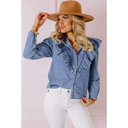 Dusk Blue Denim Ruffled Casual Top