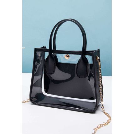Black PVC PU Leather Patchwork Chain Strap Shoulder Bag