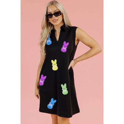 Black Sequin Bunny Doll Graphic Collared Sleeveless Mini Dress