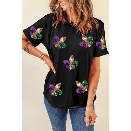 Black Mardi Gras Symbol Patched Crewneck T Shirt