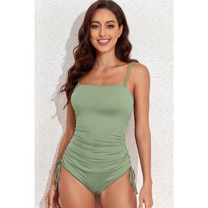 Laurel Green Ribbed Drawstring Sides Cutout One Piece Swimsuit