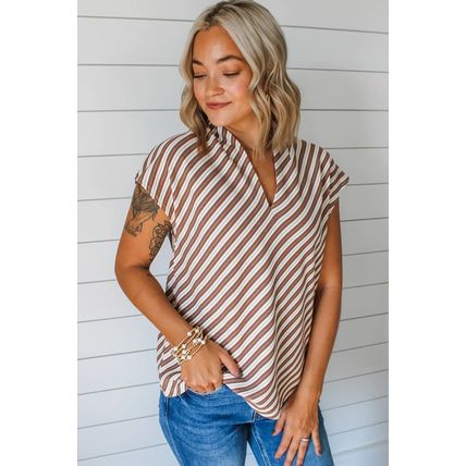 Chestnut Striped Stand V Neck Short Sleeve Blouse