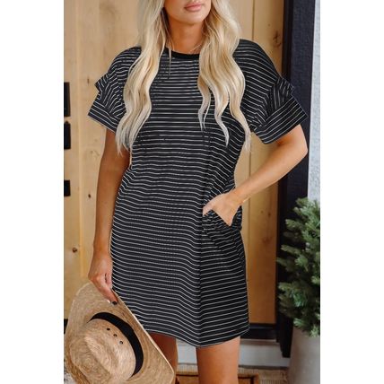 Black Stripe Ruffled Short Sleeve Crew Neck T Shirt Shift Mini Dress