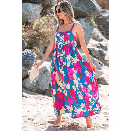Dark Blue Floral High Waist Sleeveless Flared Long Dress