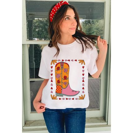 White Floral Cowgirl Boots Printed Casual T Shirt