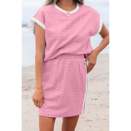 Pink Contrast Trim Textured Crewneck Tee and Pocketed Skirt Set