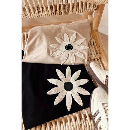 Black Contrast Crochet Floral Graphic Drop Shoulder Loose Tee