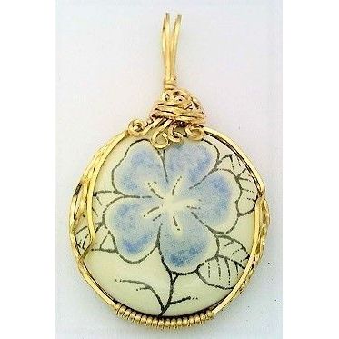 Blue Flower Porcelain Brass Wire Wrap Pendant 1
