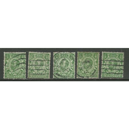 GB 1912 KGV 1/2d Green x 5 Wmk 49 ( T142 )