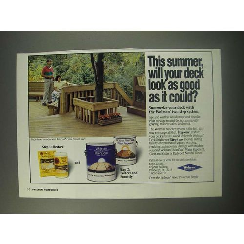 1990 Wolman Deck Brightener and RainCoat Water Repellent Ad - This summer