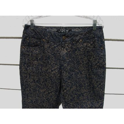 Womens Apt. 9 Navy Blue Jean 33 Waist Gold Stencil Skinny Leg EUC Print Pants