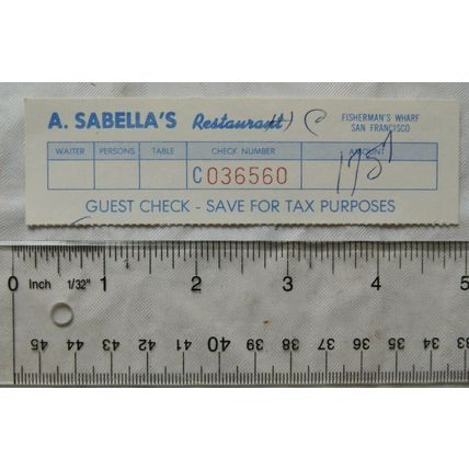 c1981 receipt A. Sabella's Restaurant, Fisherman's Wharf, San Francisco