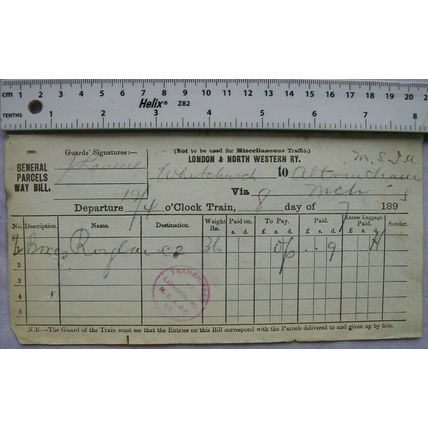 1895 London & North Western General Parcels Waybill Whitchurch to Altrincham