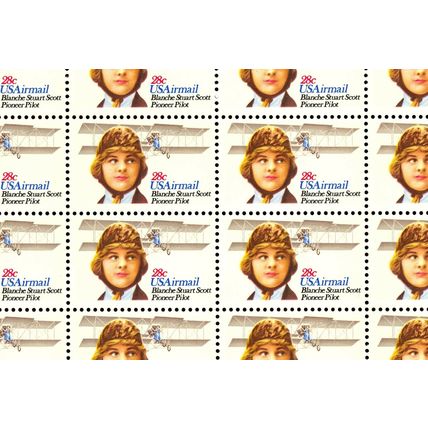 Blanche Stuart Scott Sheet of Fifty 28 Cent Airmail Postage Stamps C99