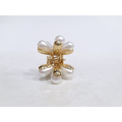 Small mini gold flower metal hair claw clip with faux pearls