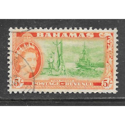 BAHAMAS 1953 QE2 5/- FIVE SHILLING TUNA FISHING RED ORAN USED SG214a 214a SG