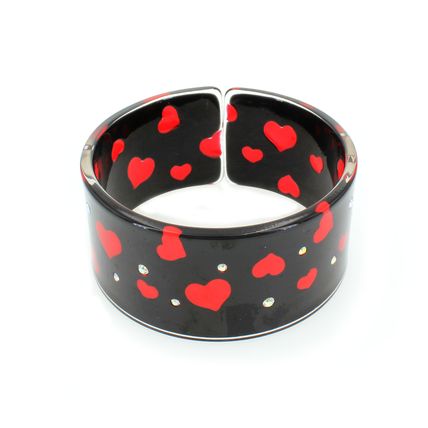 Acrylic Bangle w/ Enamel Hearts & Rhinestones Bracelets - Black -BR-OB00139BLK
