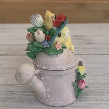 Vintage Bunny Rabbit Watering Can Lidded Trinket Box Tulips Roses Sun Bonnet Hat