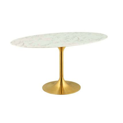 60" White Oval Tulip Pedestal Stem Dining Table Stone Faux Marble Gold Base