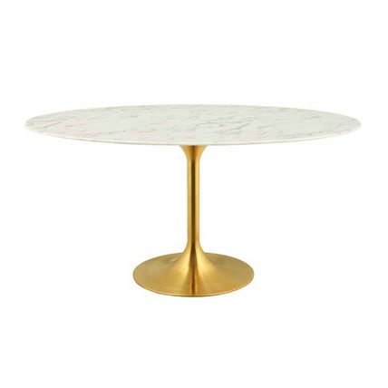 60" White Oval Tulip Pedestal Stem Dining Table Stone Faux Marble Gold Base