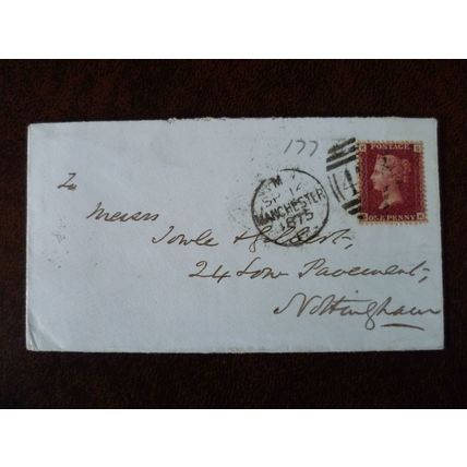 1875 GB QV 1d Red stamp 177 KS cover Manchester Whaley Bridge Nottingham Towle