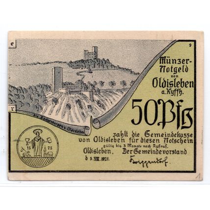 1921 Germany Oldisleben Notgeld 50 Pfennig Note (1403)