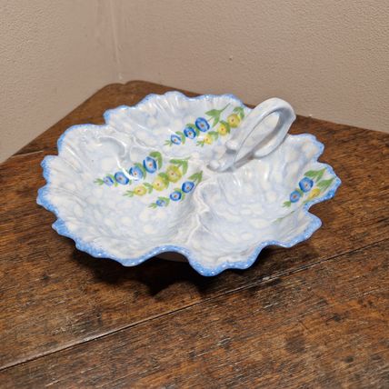 Vintage Blue Victoria Hand Painted Three Section Dish with Handle