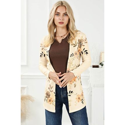 Apricot Floral Print Ribbed Knit Slim Fit Cardigan